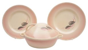 A 1930's Susie Cooper part dinner service: decorated in pink and grey with the two-leaf spray