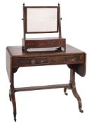 A 19th century mahogany and decorated inlaid sofa table,: bordered with boxwood lines,