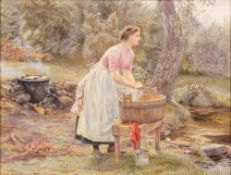 Edith Martineau [1842-1909]- Washing clothes by a stream,:- signed and dated 1883 watercolour,