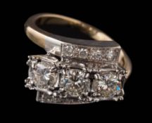 An illusion-set diamond cross-over ring: the three principal,