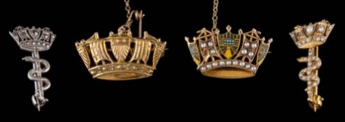 A 9ct gold enamelled and seed pearl Royal Navy coronet brooch: approximately 24mm total length (one