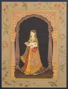 A Mughal School painting: depicting a richly adorned female holding a lamp,
