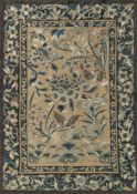 A Chinese silk embroidered rectangular panel: worked with butterflies amongst peony, lingzhi,