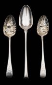 A pair of George III and later decorated berry spoons, maker JH, London,