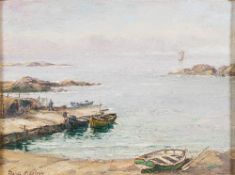 * Attributed to Frank McKelvey [1895-1974]- Coastal quayside, possibly West coast of Ireland,