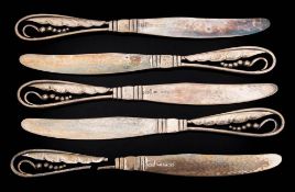 Five George Jensen silver Blossom pattern fruit knives, bears import marks for London,