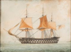 English School 19th Century- A British Man-O-War off Marseille,