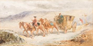 Charles Cattermole [1832-1900]- Coach and horses in a gale,:- signed bottom left, watercolour, 18.