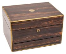 A Victorian coromandel and brass bound toilet box: of rectangular outline,