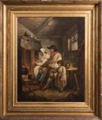 Follower of George Morland [19th Century]- Cottage interior with family at the hearth,