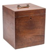A 19th century mahogany bottle box: of square outline, with hinged lid, internal division missing,