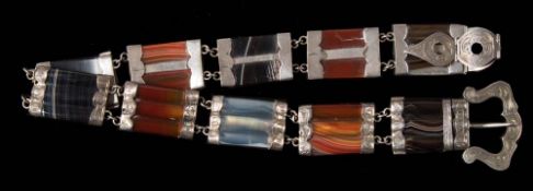 A late 19th century Scottish silver and agate link choker necklace: with reeded agate panels and