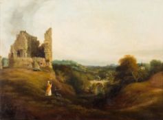 English School, mid 19th Century- Railway viaduct landscape, spectators and ruin in the foreground,
