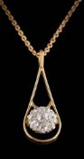 A diamond mounted tear-drop pendant: with a circular cluster of round old brilliant-cut diamonds