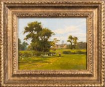 Attributed to Alfred Oliver [1886-1921]- Rural scene with figures and manor house,:- oil on board,
