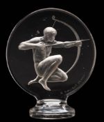 A Lalique glass 'Archer' car mascot: the kneeling naked archer drawing his bow, etched 'R.