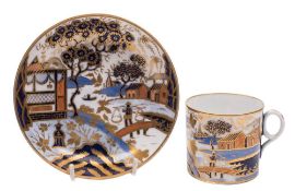 A New Hall bone china coffee can and saucer and two New Hall teabowls and saucers: the first
