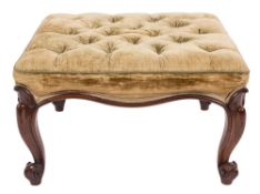A Victorian carved rosewood square stool: with upholstered stuff over button down seat on cabriole