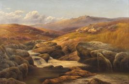Charles Edward Brittan [1870-1949]- A Dartmoor stream, sheep and a tor in the distance,