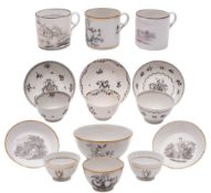 A collection of New Hall black monochrome and bat printed wares: painted and printed with bunches