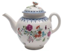 A First Period Worcester teapot and cover: of globular form, the domed cover with flower knop,