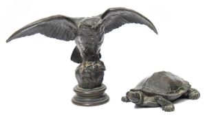 A bronze study of a turtle 'Tortue' and another of an owl after the models by Antoine-Louis Barye