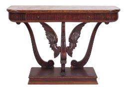 A stained beech console table of D-shaped outline:, the fluted frieze fitted with a drawer,