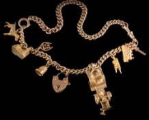 A 9ct gold curb-link watch chain converted to be worn as a two-strand bracelet: with nine attached