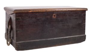 A 19th century sailors teak chest: of rectangular tapered form having a hinged moulded top and