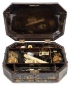 A Cantonese lacquered export ware sewing box: of rectangular outline with canted corners,