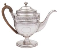 A George III pedestal coffee pot, maker Charles Fox I, London, 1806: of oval barge shaped outline,