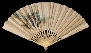 A late Victorian bone fan: the painted leaf depicting a gallant and young lady signed Elisa 92,