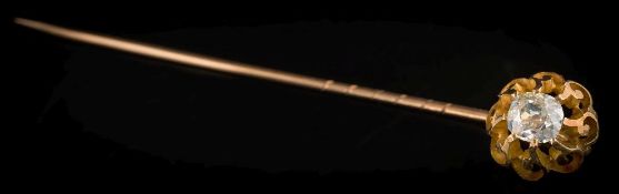 A 19th century gold and diamond single-stone stick pin: the cushion-shaped,