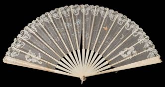 A late Victorian ivory and lace fan: the painted gauze leaf decorated with butterflies inset with