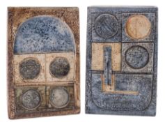 Two Troika slab vases: of rectangular form embossed with abstract designs in green blue and cream