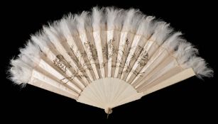 A late Victorian bone and satin fan: the ivory silk leaf with embroidered silver thread floral