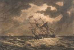 English School 19th Century- A three master Man O War in stormy seas,:- watercolour 39.5 x 59cm.