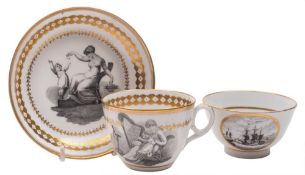 A Factory Z bat printed 'marine subject' teabowl and a New Hall bat printed tea cup and saucer: the