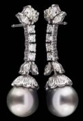A pair of dark grey cultured pearl and diamond drop earrings,