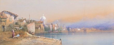 Edward Richardson [1812-1869]- A lake on the Continent, figures in the foreground,