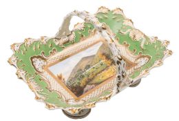 A Chamberlains Worcester 'Malvern' topographical porcelain basket: with rustic branch handle and