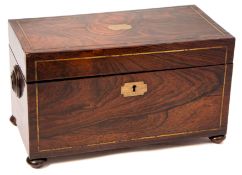 A coromandel wood and brass inlaid tea caddy: of rectangular outline,