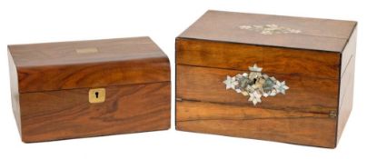 A Victorian walnut and mother of pearl inlaid combination vanity/writing box: the hinged lid