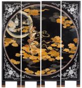 A Contemporary Chinese black lacquer and mother of pearl inlaid four fold screen:,