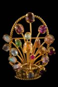 A 9ct gold and multi-gem-set 'basket' brooch: to include moonstones, opals and citrines,