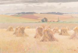 Fred Hall [1860-1948]- Harvest stooks in a coastal landscape,:- signed oil on canvas, 37 x 54cm.