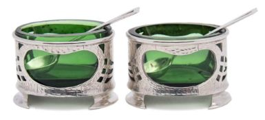 A pair of Art Nouveau silver salts, maker Levi & Salaman, Birmingham, 1905/07: of oval outline,