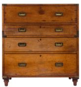 A 19th Century mahogany and brass bound secretaire military chest:, in two parts,