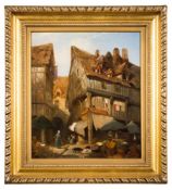 Attributed to Edward Hassell [19th Century]- A Continental market scene,:- oil on panel 36 x 32cm.