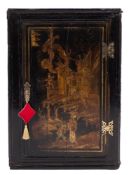 An 18th Century black lacquer and chinoiserie hanging corner cabinet:, decorated with gilt lines,